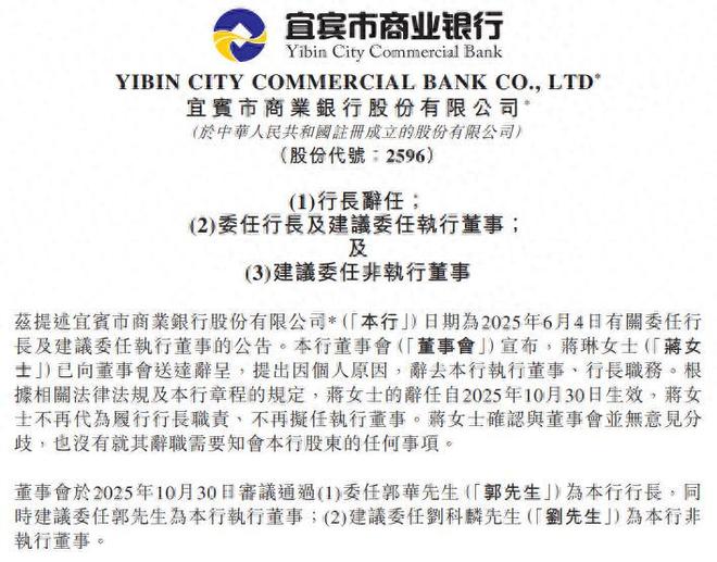 宜宾银行拟任行长蒋琳辞任 上市不到一年已两次更换行长