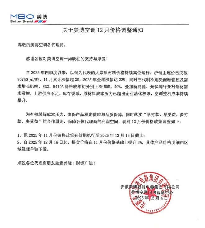 美博集团宣布空调提货价格上调5% 曾称“三年内登陆国内资本市场”