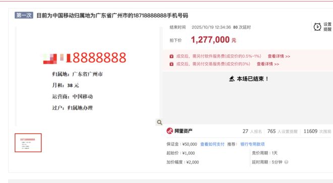 111轮激烈竞拍后，尾号“8888888”手机号拍出127万余元