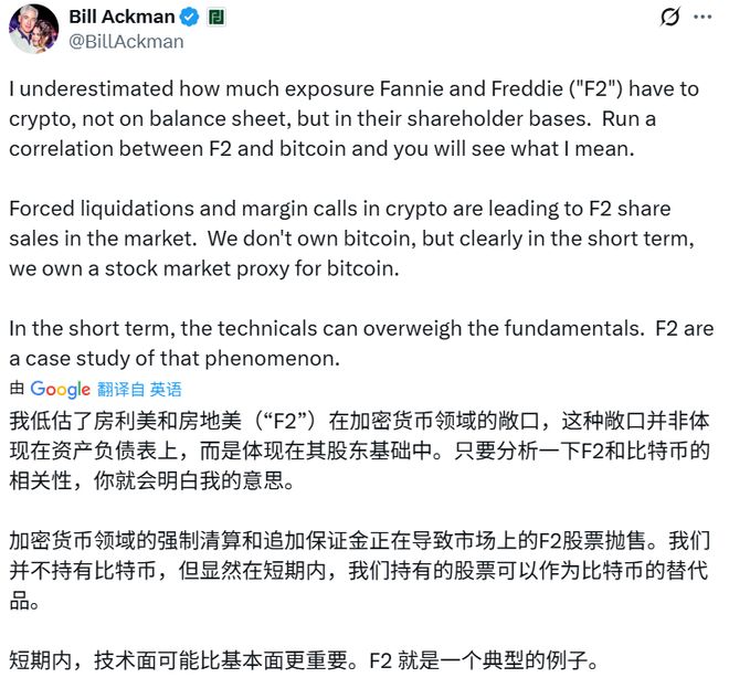 Bill Ackman：加密货币市场动荡正波及“两房”股价