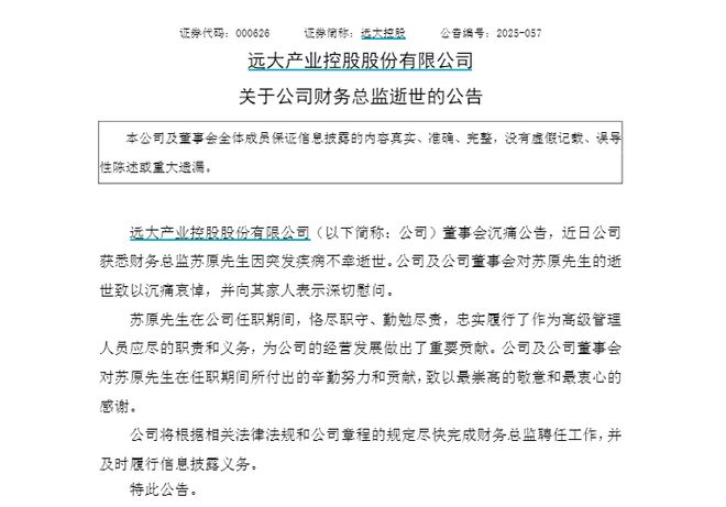 远大控股财务总监因突发疾病去世，年仅40岁，任职约2年半