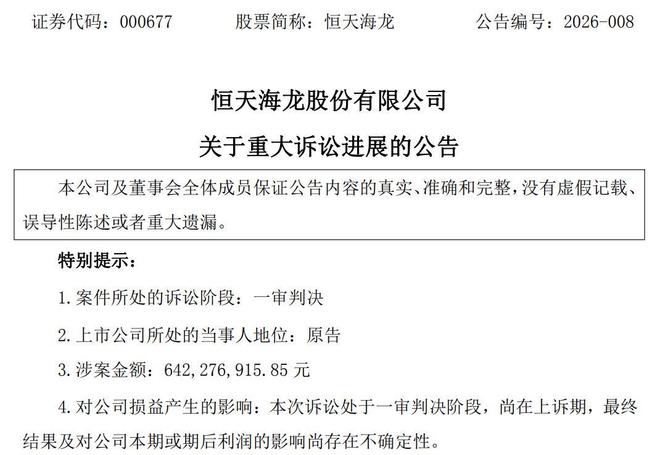 恒天海龙6.42亿元诉大股东案一审败诉 2025年净利预降超八成_恒天海龙6.42亿元诉大股东案一审败诉 2025年净利预降超八成_